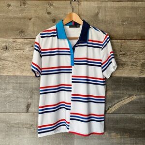 G/Fore Womens‎ Tech Pique Polo White Blue Red Offset Stripe Light Wicking Golf L